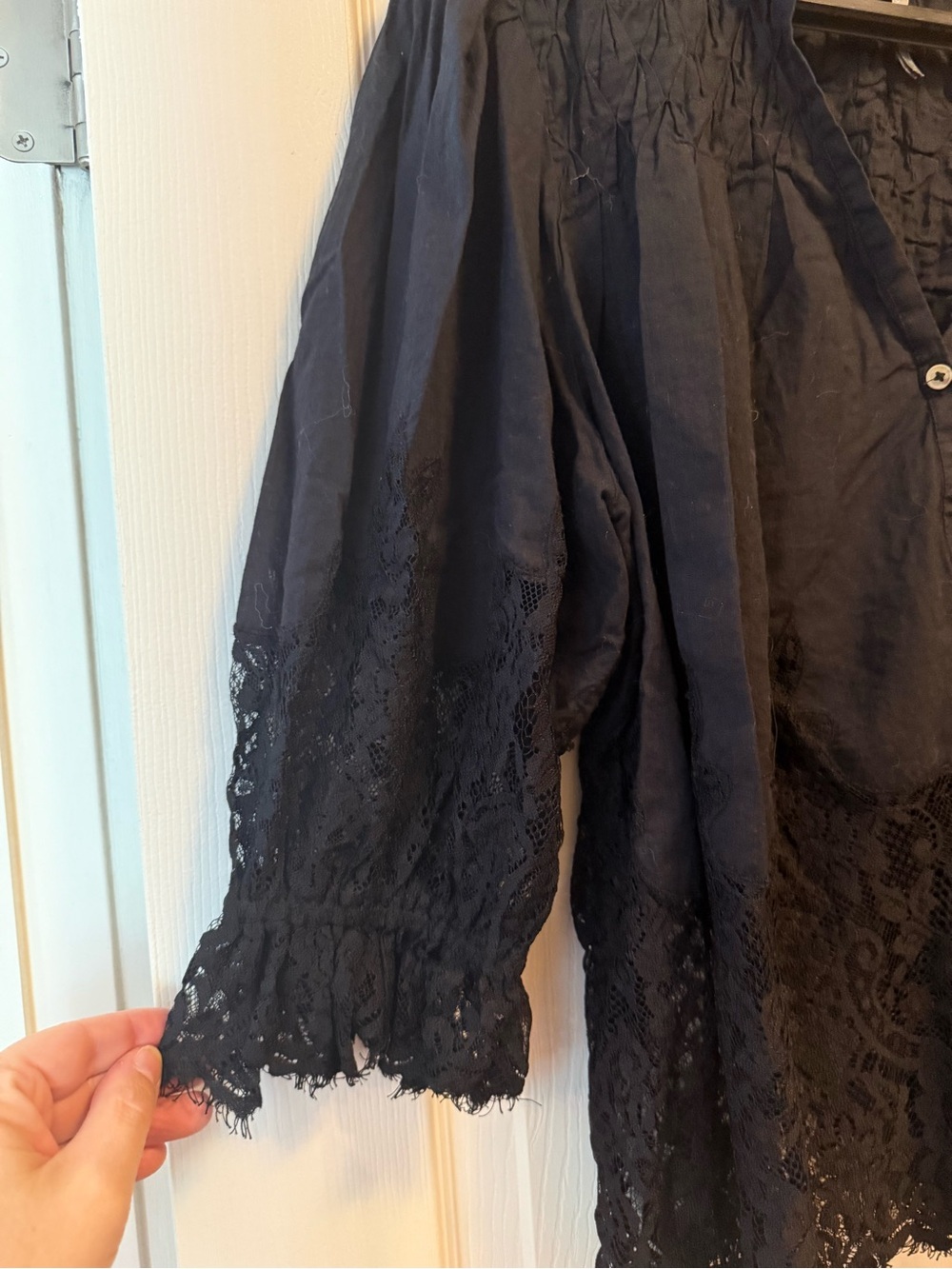Anthropologie women’s XL Black Lace-Trim Button Front Blouse - Picture 3 of 7
